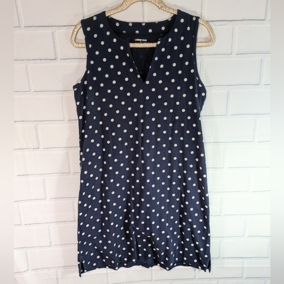 Land's End Navy Polkadot Sleeveless Cotton Knit Shift Dress - Picture 4 of 5